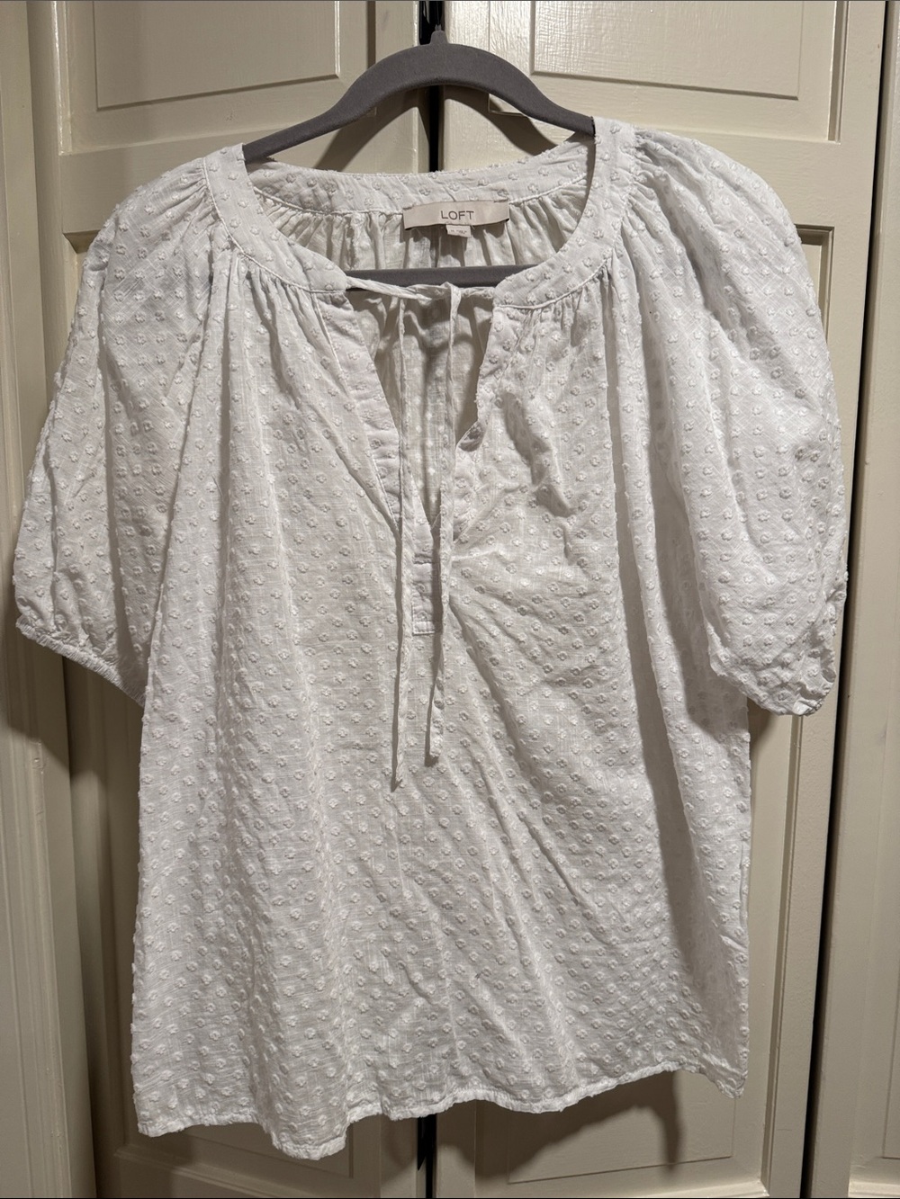 LOFT White Textured Tie-Neck Peasant Top